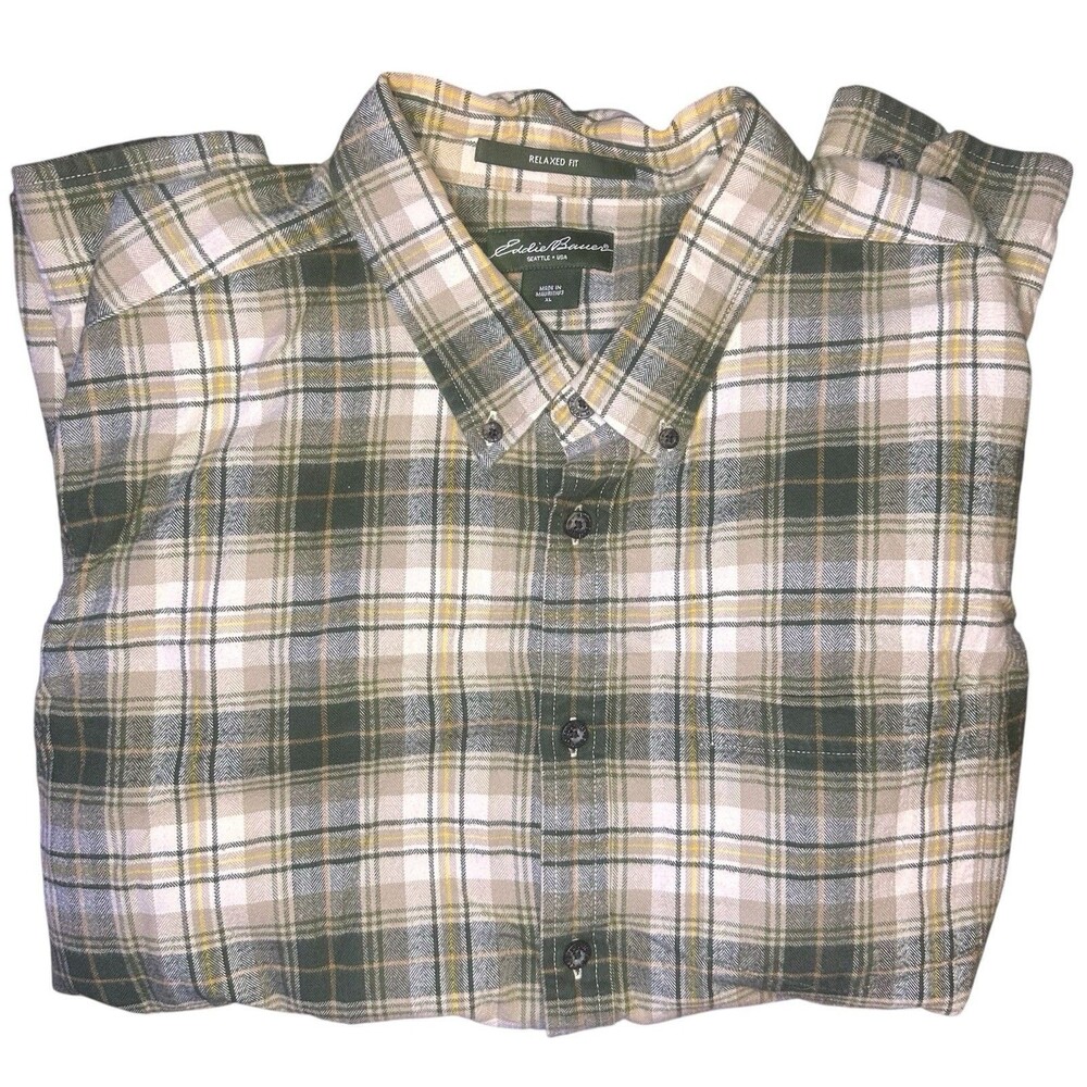 Eddie Bauer Relaxed Fit Plaid Button-Up Shirt XL Green Yellow 100% Cotton